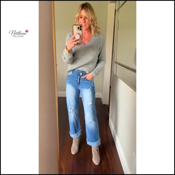 High Rise Crossover Boyfriend Jeans, Distressed Stretchy Denim Pants, Straight - Picture 6 of 7